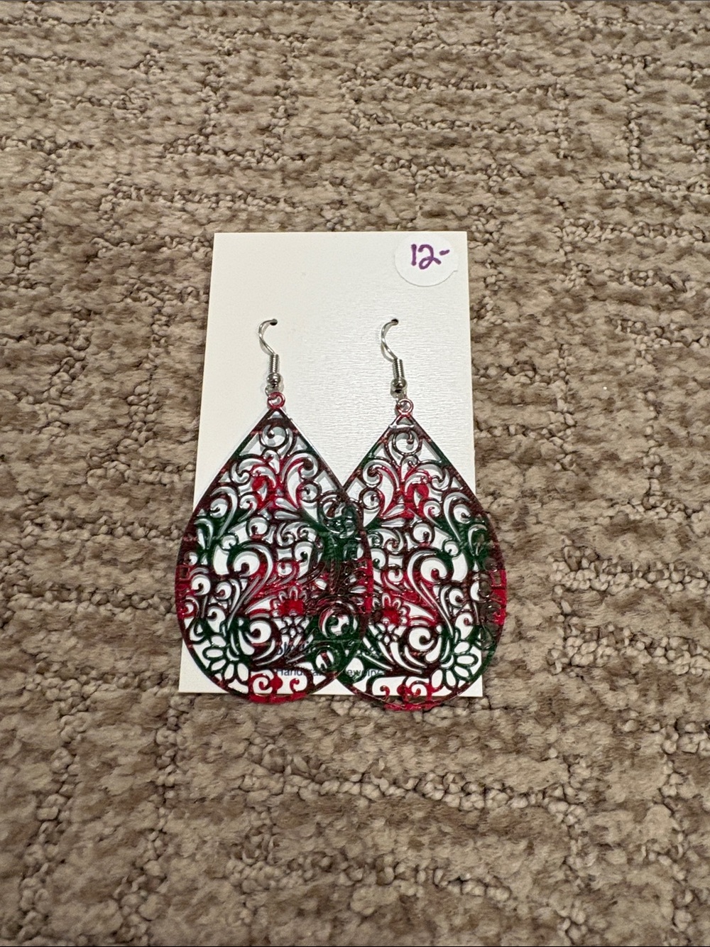 Intricate Filigree Teardrop Earrings in Red and Green